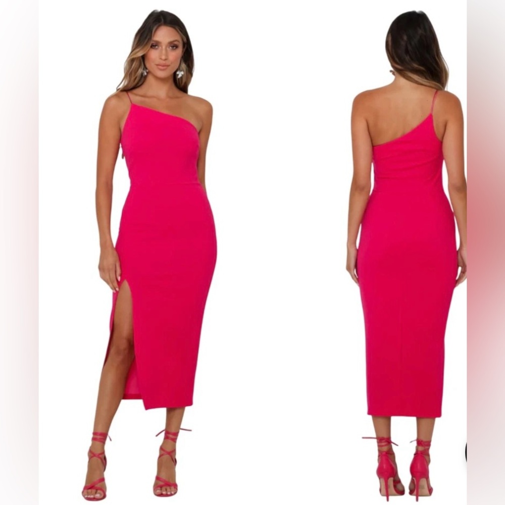 Hello Molly Zarita Midi Hot Pink One-Shoulder Dress with Tie